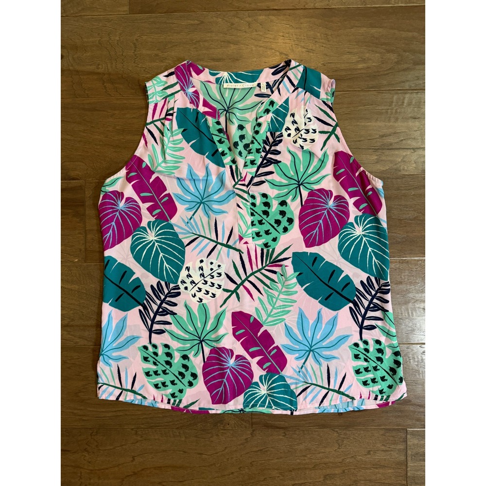 Violet + Claire Womens Pink Tropical Palm Leaf Split V-Neck Sleeveless Blouse L